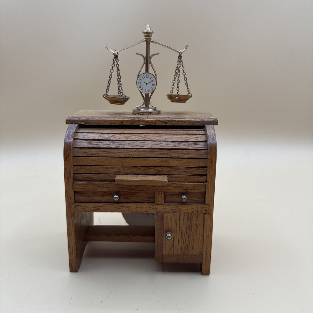 George Mini Wooden Roll top Desk Musical Box Taiwan 5940.02 Works Rare Vintage